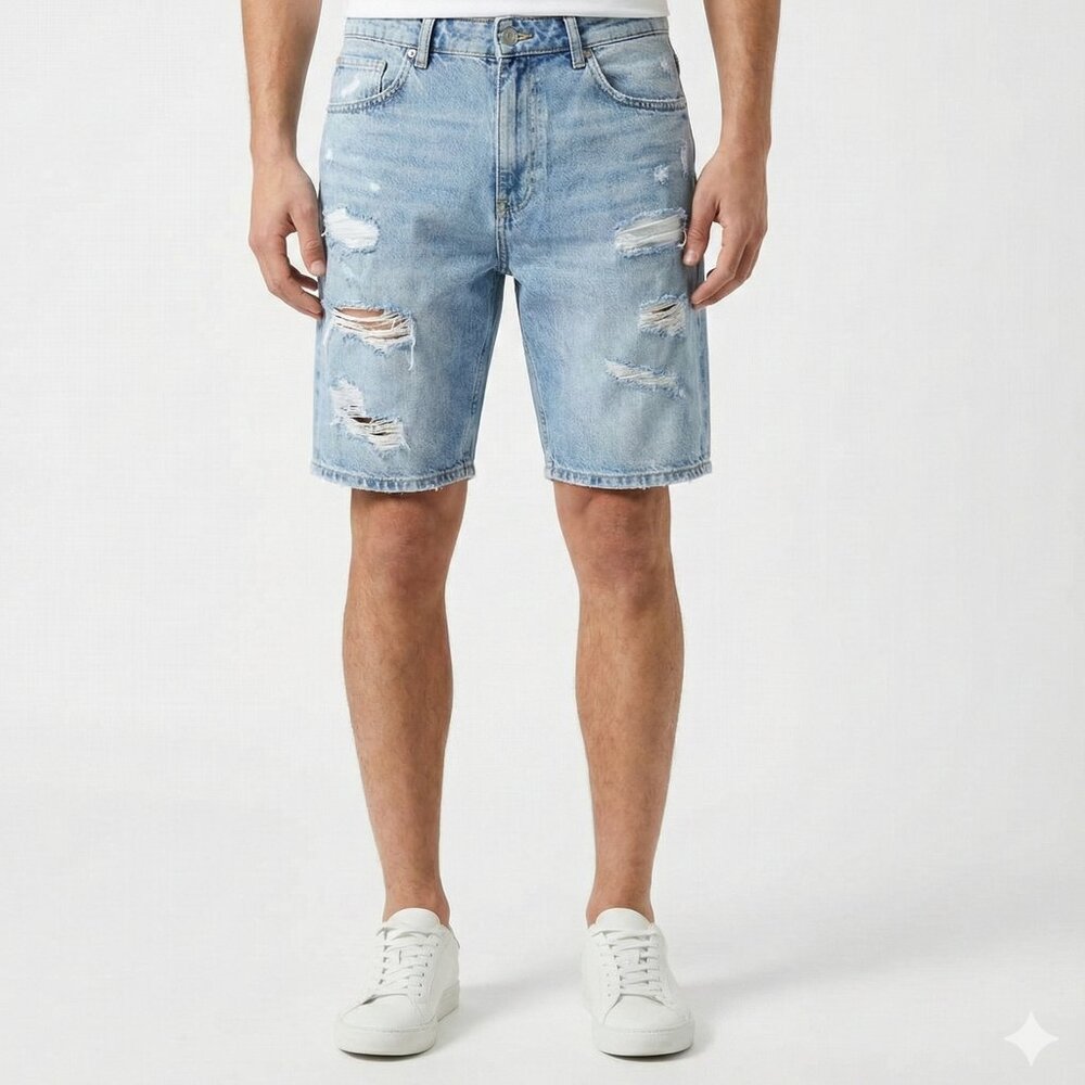 Zara Men's Distressed Blue Denim Shorts